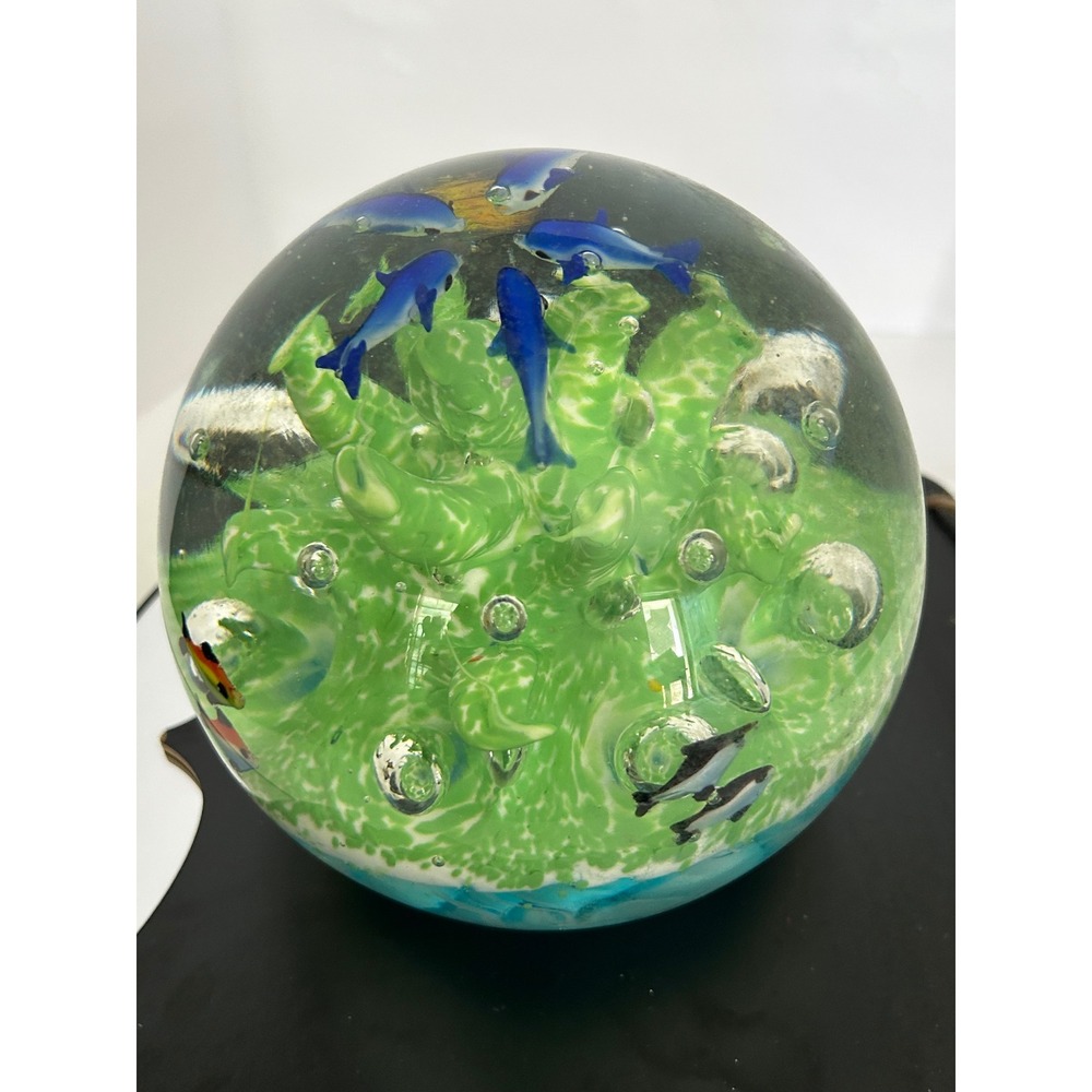 Paperweight Green Blue Underwater Dolphin Tropical Fish Coral Reef Collectible